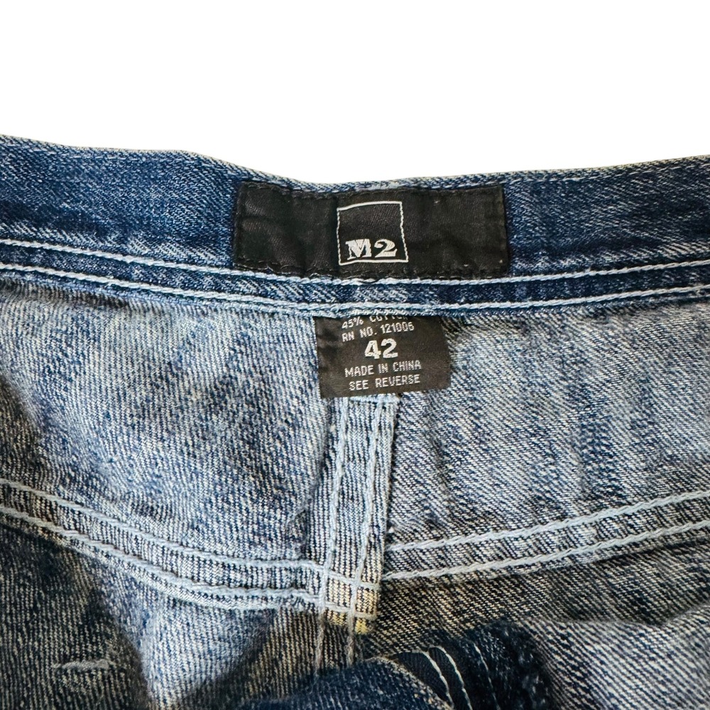 M2 Jean Co Denim Shorts Y2K Embroidered Design Blue Wash Mens Size‎ 42 READ - Picture 3 of 10